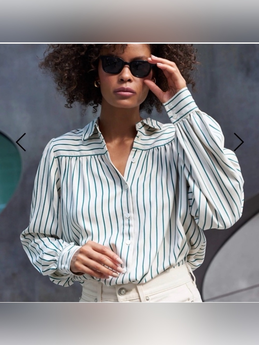AYR The New Age Silk Peasant Blouse - Green Striped Shirt - Small